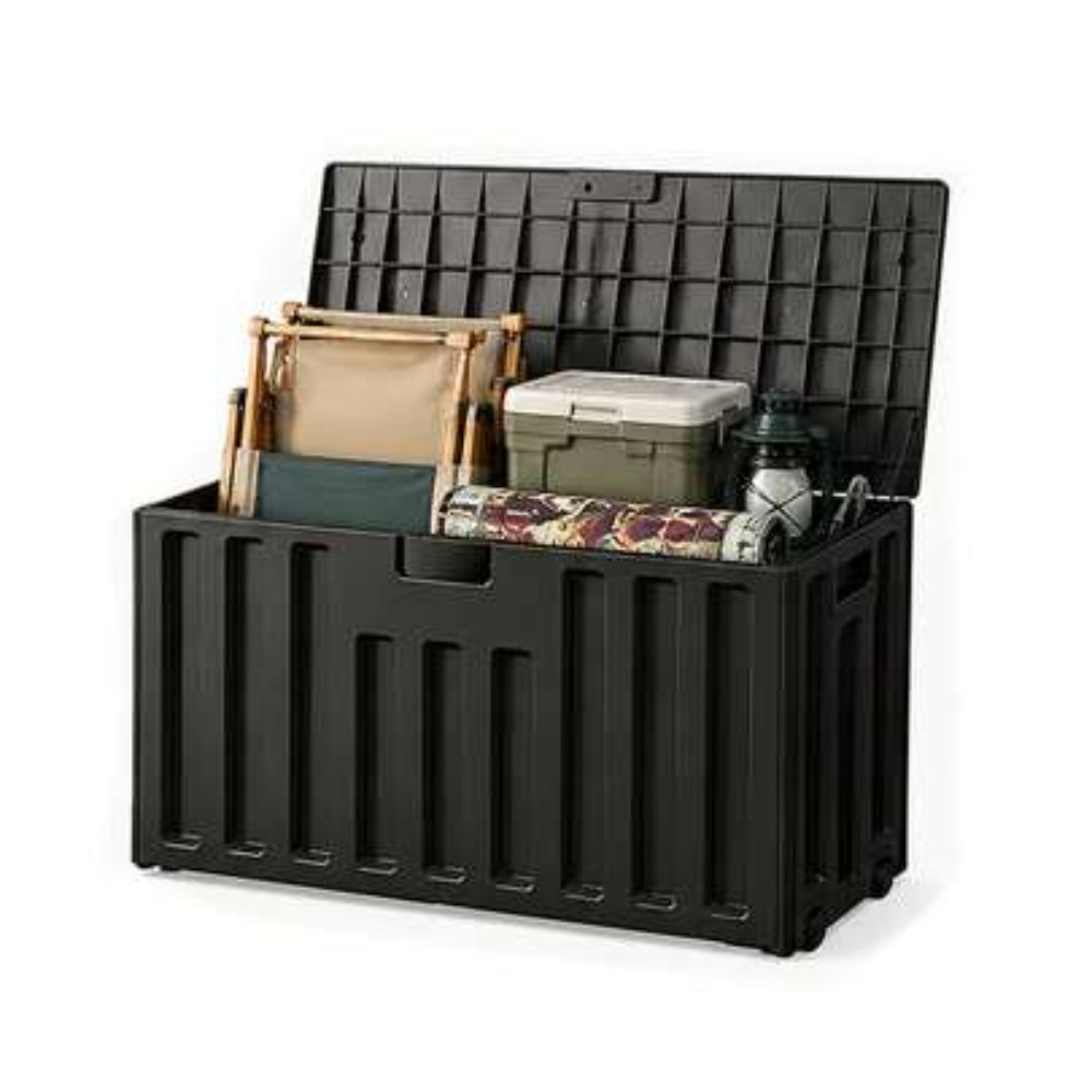Sports Equipment Organizer - กล่องเก็บของกลางแจ้งความจุขนาดใหญ่ ลายไม้สีดำ วัสดุเรซิน กันน้ำ ทนรังสียูวี เหมาะสำหรับเก็บเบาะรองนั่งในลาน