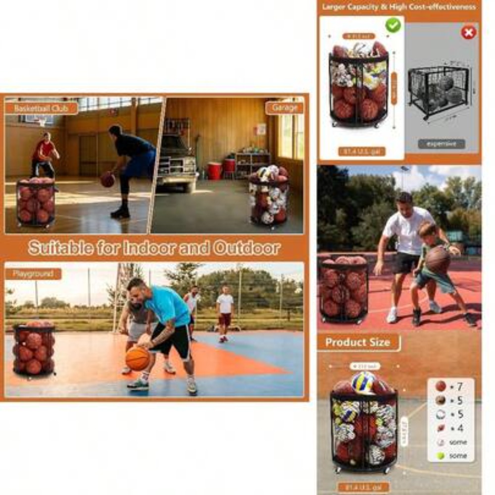 Sports Equipment Organizer - รถเข็นเก็บลูกบอลแบบแข็งแรงสำหรับฟุตบอล บาสเก็ตบอล วอลเลย์บอล ฟุตบอลอเมริกัน, ชั้นวางลูกบอลแบบมีล้อสำหรับโรงรถ ยิม