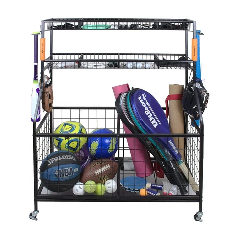 Sports Equipment Organizer - ที่เก็บอุปกรณ์กีฬาในโรงรถ รุ่น 2026 พร้อมตะกร้าและตะขอแขวน ที่วางอุปกรณ์กีฬาและลูกบอล ชั้นวางเก็บของ