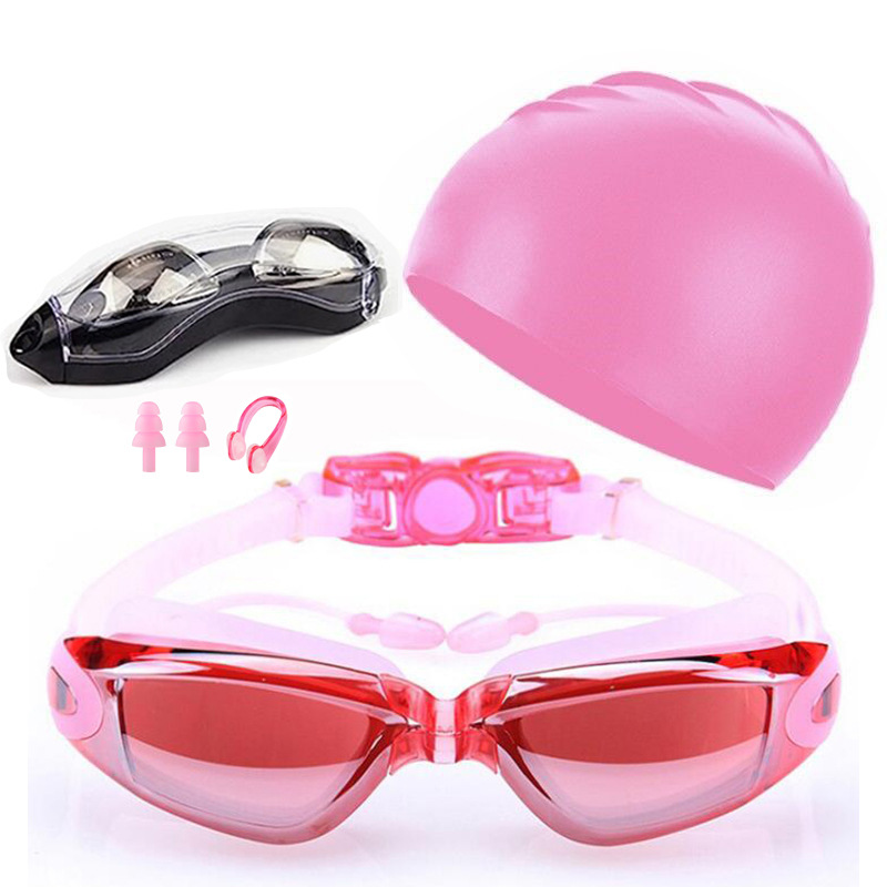 Swim Cap Silicone - ชุดแว่นตาว่ายน้ำสำหรับผู้ใหญ่พร้อมหมวก HD กันน้ำ ป้องกันดวงตา อุปกรณ์เสริมชุดว่ายน้ำทันสมัยสำหรับการว่ายน้ำ